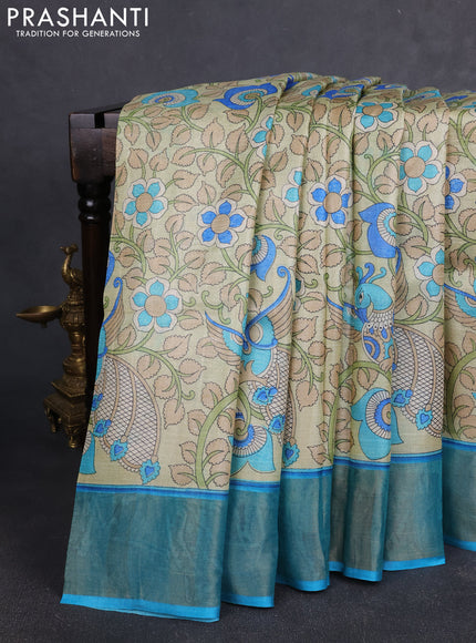 Pure tussar silk saree cream and teal blue with allover kalamkari prints and zari woven border