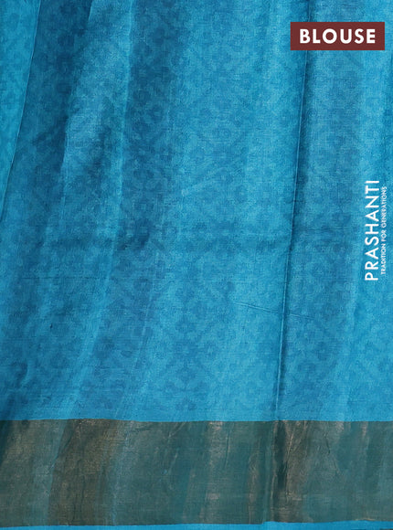 Pure tussar silk saree cream and teal blue with allover kalamkari prints and zari woven border