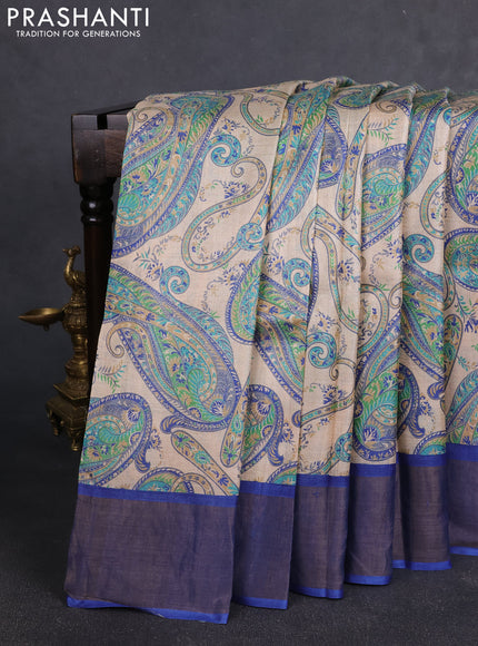 Pure tussar silk saree sandal and blue with allover paisley prints and zari woven border
