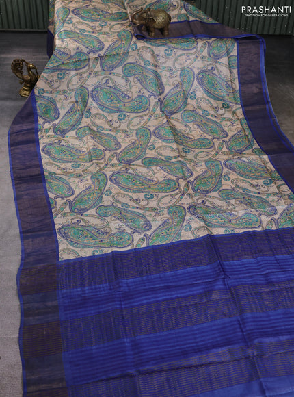 Pure tussar silk saree sandal and blue with allover paisley prints and zari woven border