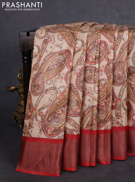 Pure tussar silk saree sandal and red with allover paisley prints and zari woven border