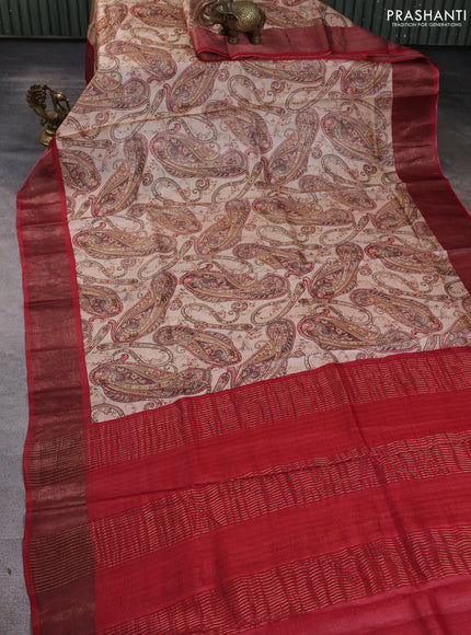 Pure tussar silk saree sandal and red with allover paisley prints and zari woven border