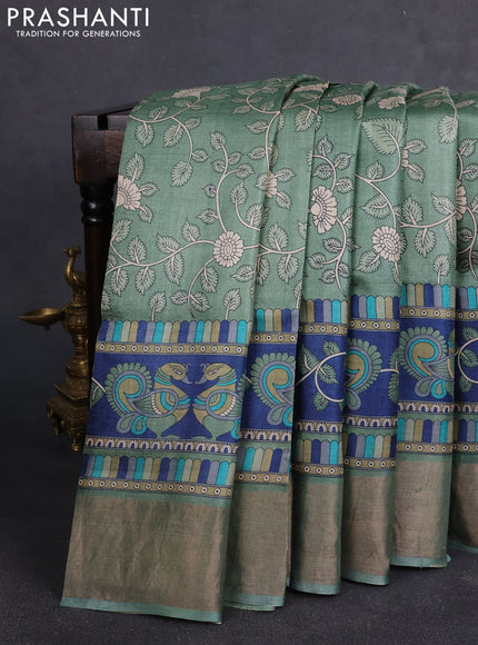 Pure tussar silk saree pastel green and navy blue with allover kalamkari prints and zari woven border