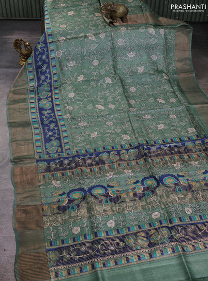 Pure tussar silk saree pastel green and navy blue with allover kalamkari prints and zari woven border