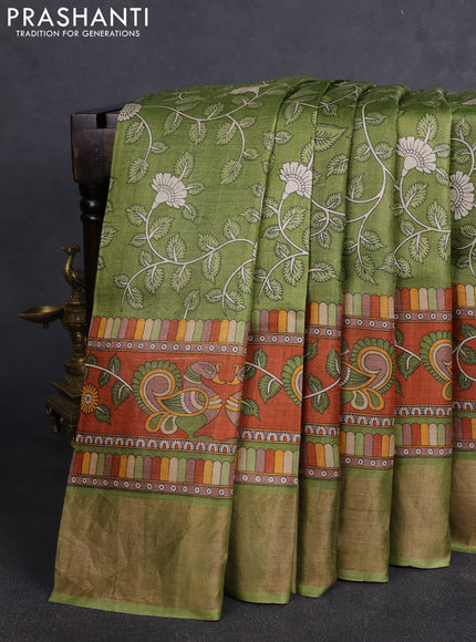 Pure tussar silk saree green and rust shade with allover kalamkari prints and zari woven border