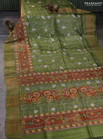 Pure tussar silk saree green and rust shade with allover kalamkari prints and zari woven border