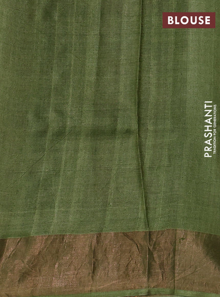 Pure tussar silk saree green and rust shade with allover kalamkari prints and zari woven border