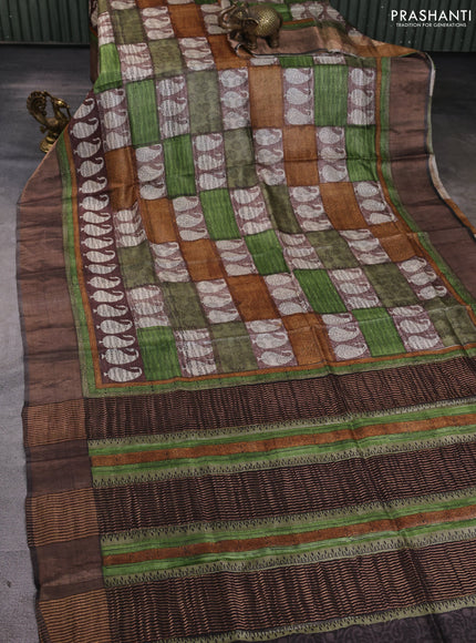 Pure tussar silk saree multi colour and brown with allover prints and zari woven border