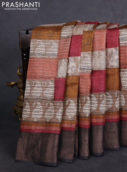 Pure tussar silk saree multi colour and black with allover prints and zari woven border