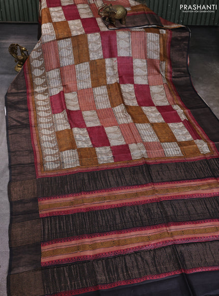 Pure tussar silk saree multi colour and black with allover prints and zari woven border
