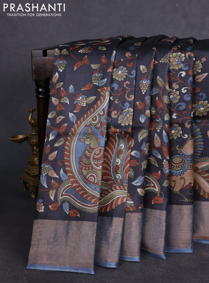 Pure tussar silk saree black and greyish blue with allover kalamkari prints and zari woven border