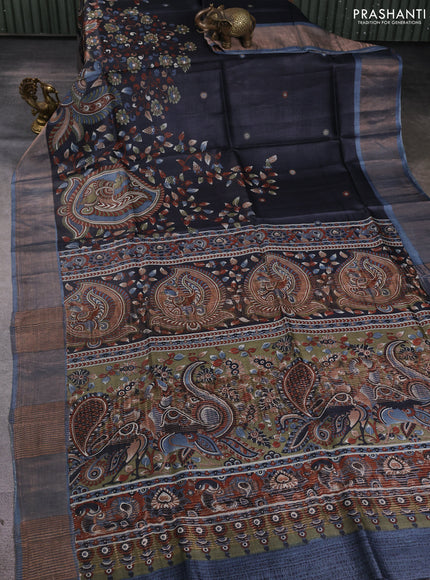 Pure tussar silk saree black and greyish blue with allover kalamkari prints and zari woven border