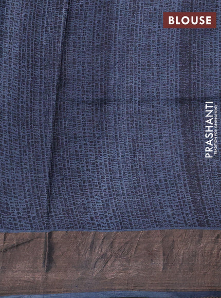 Pure tussar silk saree black and greyish blue with allover kalamkari prints and zari woven border