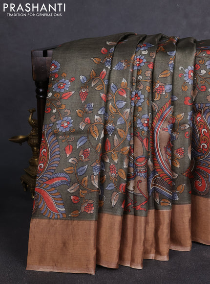 Pure tussar silk saree grey and sandal with allover kalamkari prints and zari woven border
