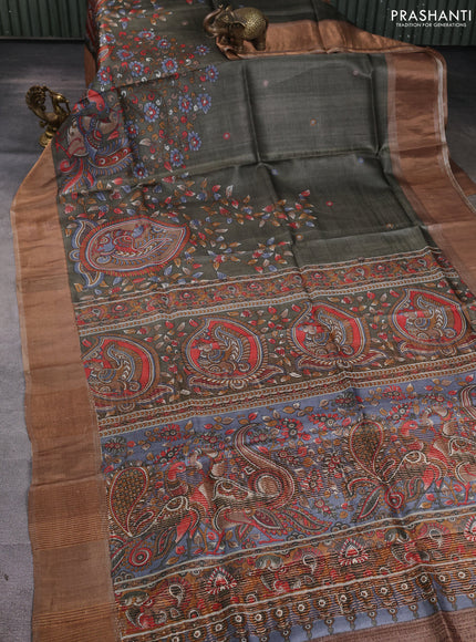 Pure tussar silk saree grey and sandal with allover kalamkari prints and zari woven border