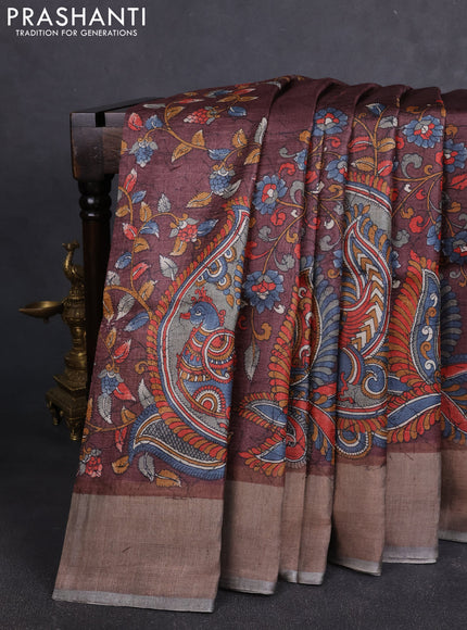 Pure tussar silk saree wine shade and grey with allover kalamkari prints and zari woven border