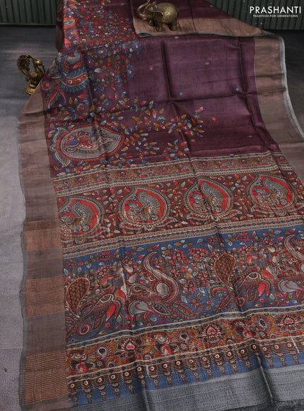 Pure tussar silk saree wine shade and grey with allover kalamkari prints and zari woven border