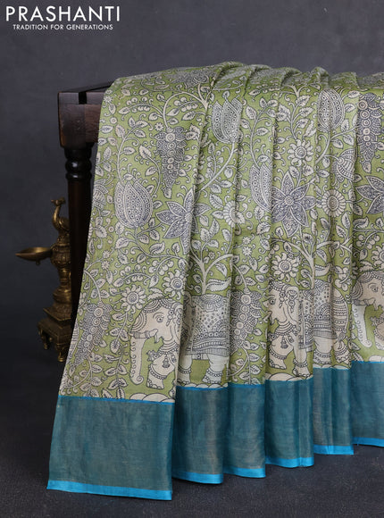 Pure tussar silk saree pista green and cs blue with allover kalamkari prints and zari woven border