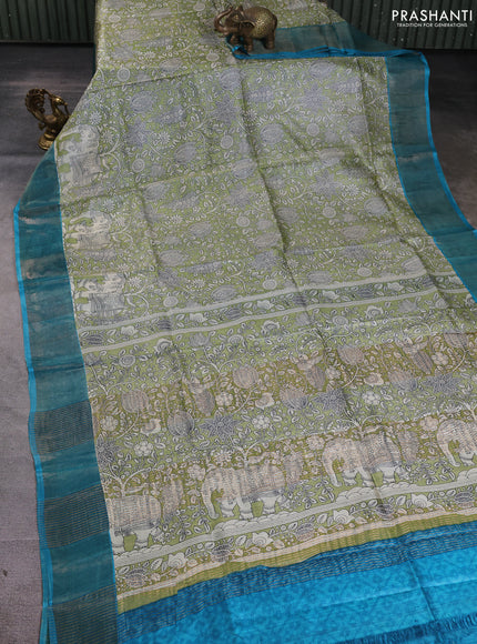 Pure tussar silk saree pista green and cs blue with allover kalamkari prints and zari woven border