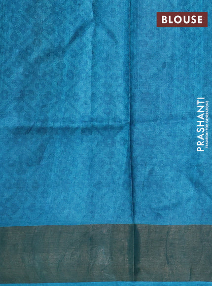 Pure tussar silk saree pista green and cs blue with allover kalamkari prints and zari woven border