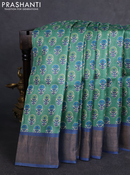 Pure tussar silk saree green and blue with allover floral butta prints and zari woven border