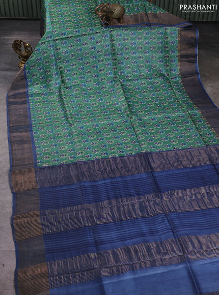 Pure tussar silk saree green and blue with allover floral butta prints and zari woven border