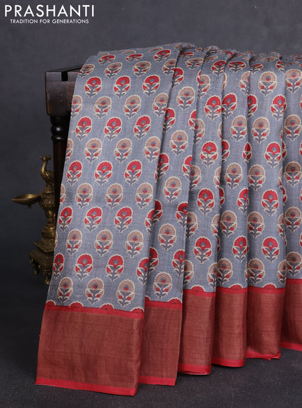 Pure tussar silk saree grey and maroon with allover floral butta prints and zari woven border