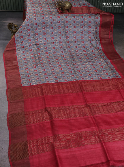 Pure tussar silk saree grey and maroon with allover floral butta prints and zari woven border