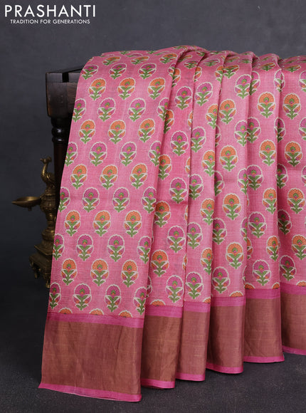 Pure tussar silk saree light pink and pink with allover floral butta prints and zari woven border