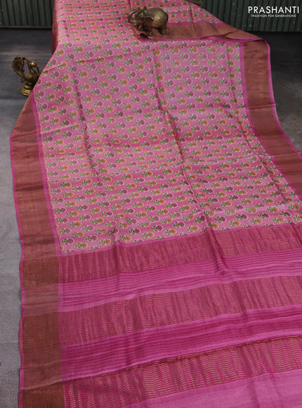 Pure tussar silk saree light pink and pink with allover floral butta prints and zari woven border