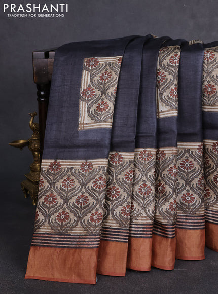 Pure tussar silk saree black and rust shade with box type butta prints and zari woven border