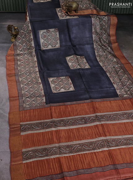 Pure tussar silk saree black and rust shade with box type butta prints and zari woven border
