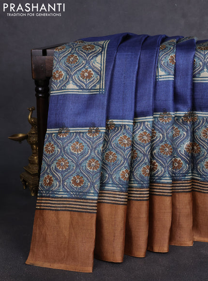 Pure tussar silk saree blue and dark sandal with box type butta prints and zari woven border