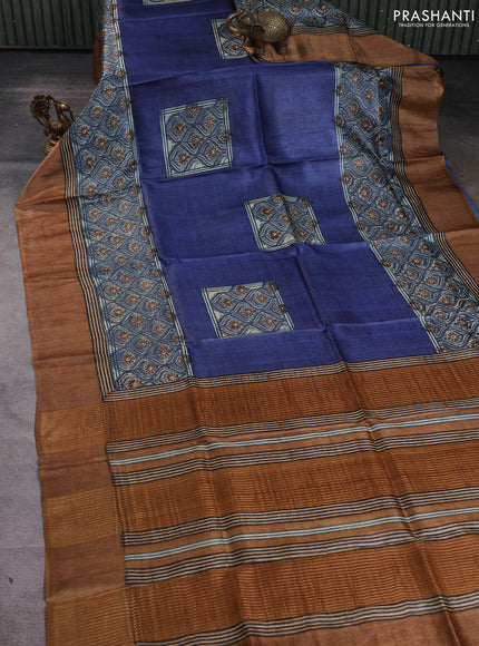 Pure tussar silk saree blue and dark sandal with box type butta prints and zari woven border