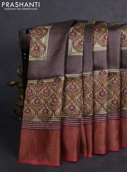 Pure tussar silk saree greyish brown and green maroon with box type butta prints and zari woven border