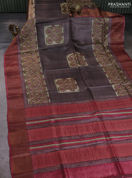 Pure tussar silk saree greyish brown and green maroon with box type butta prints and zari woven border