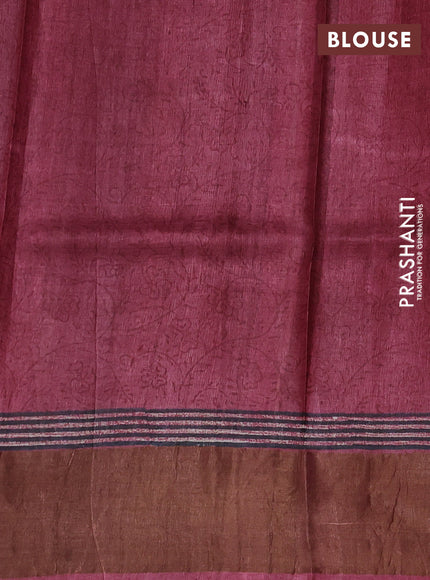 Pure tussar silk saree greyish brown and green maroon with box type butta prints and zari woven border