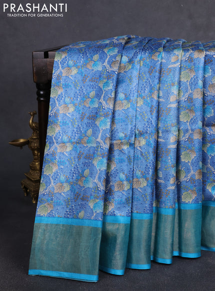 Pure tussar silk saree blue shade and teal blue with allover prints and zari woven border