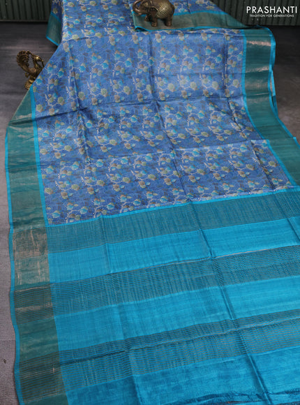 Pure tussar silk saree blue shade and teal blue with allover prints and zari woven border