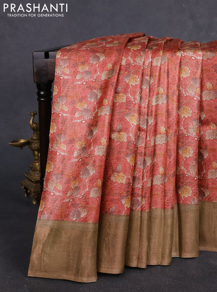 Pure tussar silk saree dark peach and sandal with allover prints and zari woven border