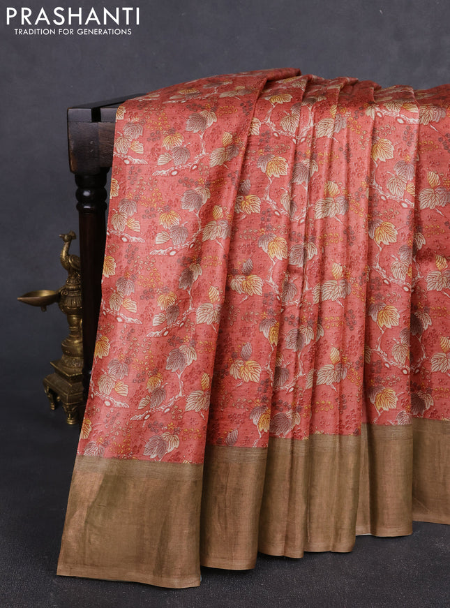 Pure tussar silk saree dark peach and sandal with allover prints and zari woven border