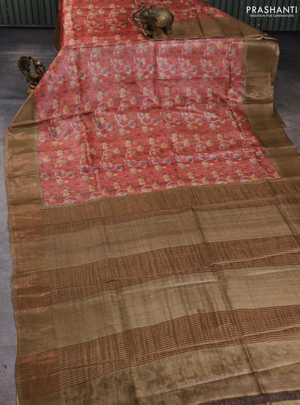 Pure tussar silk saree dark peach and sandal with allover prints and zari woven border