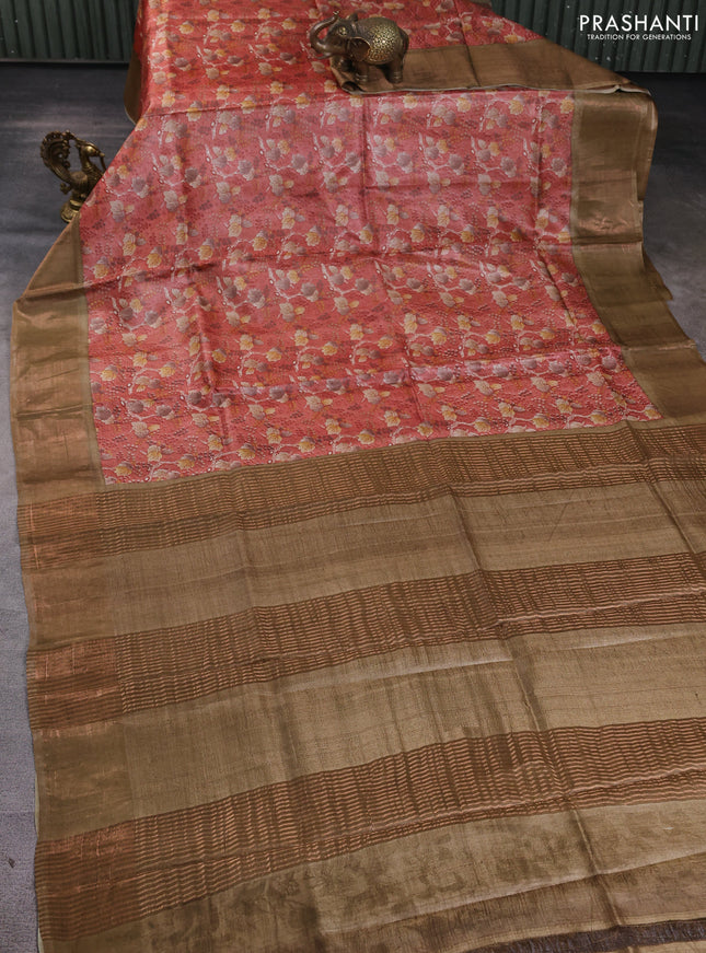Pure tussar silk saree dark peach and sandal with allover prints and zari woven border