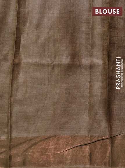 Pure tussar silk saree dark peach and sandal with allover prints and zari woven border