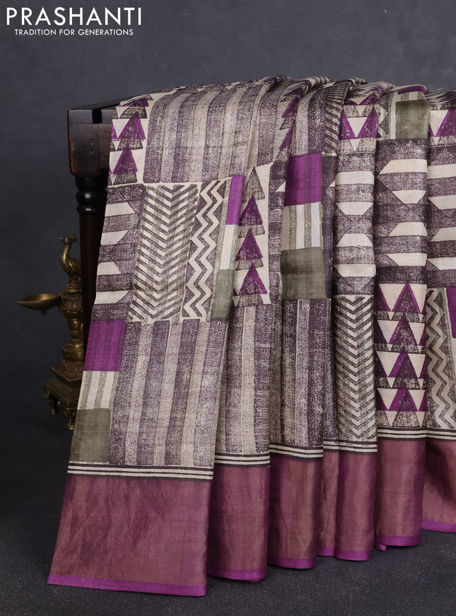 Pure tussar silk saree cream and purple with allover geometric prints and zari woven border