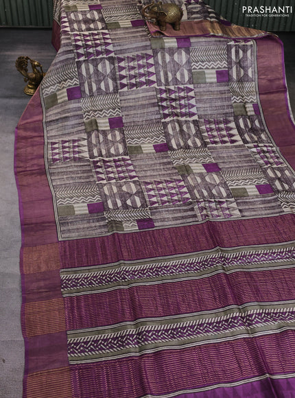 Pure tussar silk saree cream and purple with allover geometric prints and zari woven border