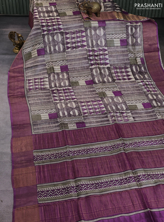 Pure tussar silk saree cream and purple with allover geometric prints and zari woven border