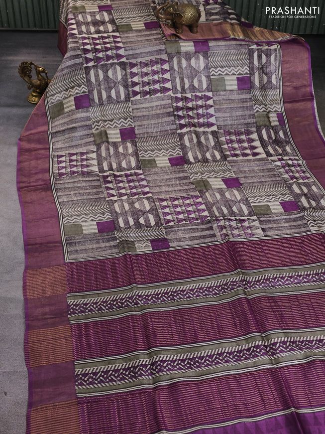 Pure tussar silk saree cream and purple with allover geometric prints and zari woven border