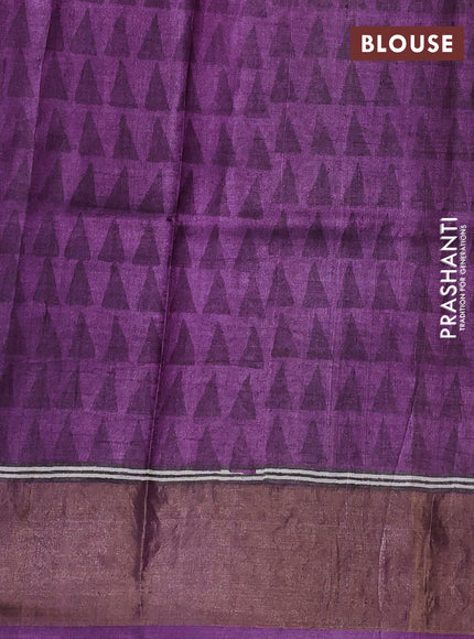Pure tussar silk saree cream and purple with allover geometric prints and zari woven border