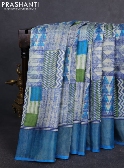 Pure tussar silk saree cream and cs blue with allover geometric prints and zari woven border
